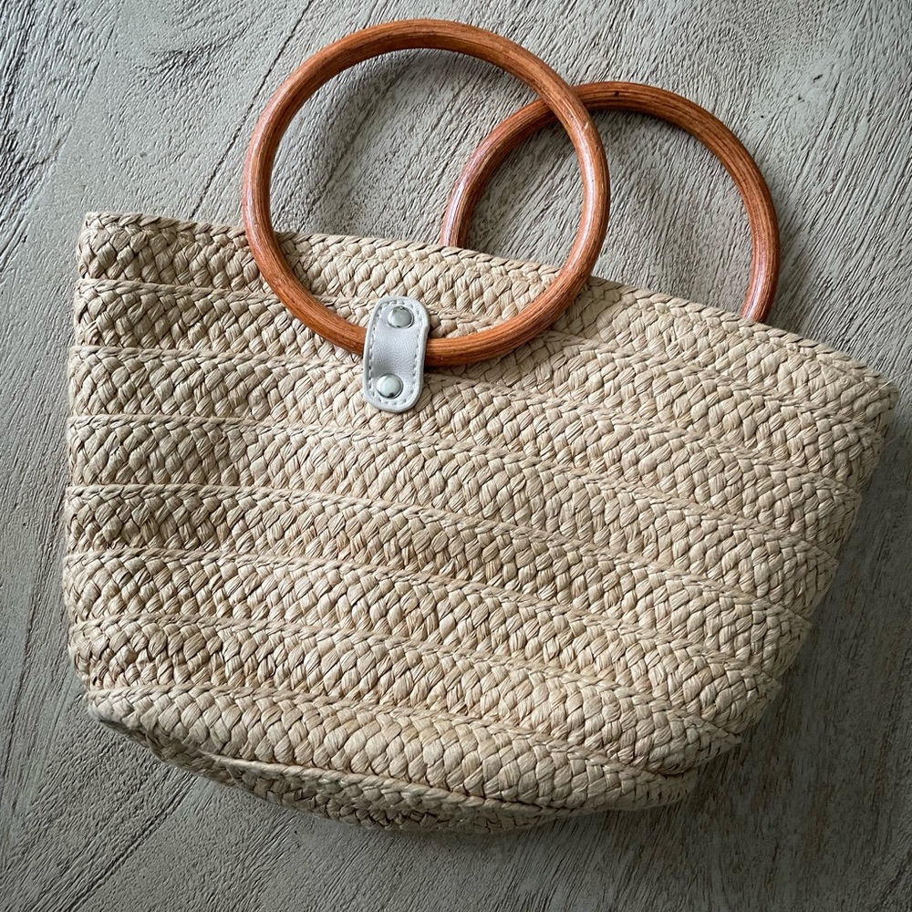 Woven Straw Tote Bag with Wooden Handles